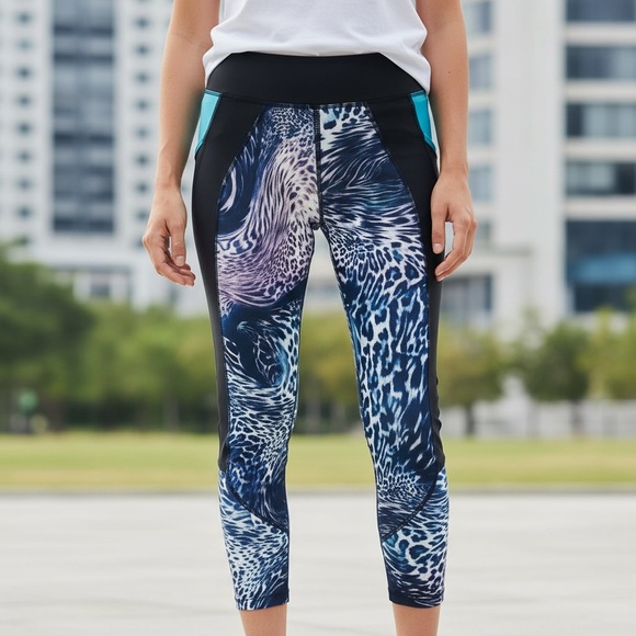 Hot Kiss NWT Leggings Size Small Leopard Animal Print Neon Blue Performance - Picture 1 of 11